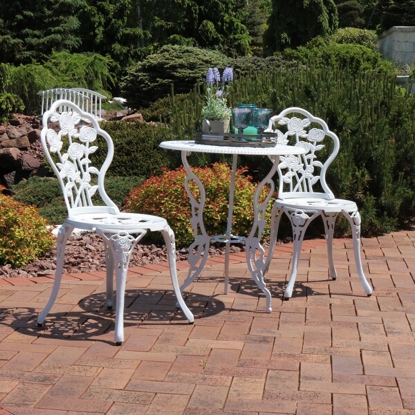 Sunnydaze 3Piece White Flower Designed Cast Aluminum Patio Furniture Bistro Set