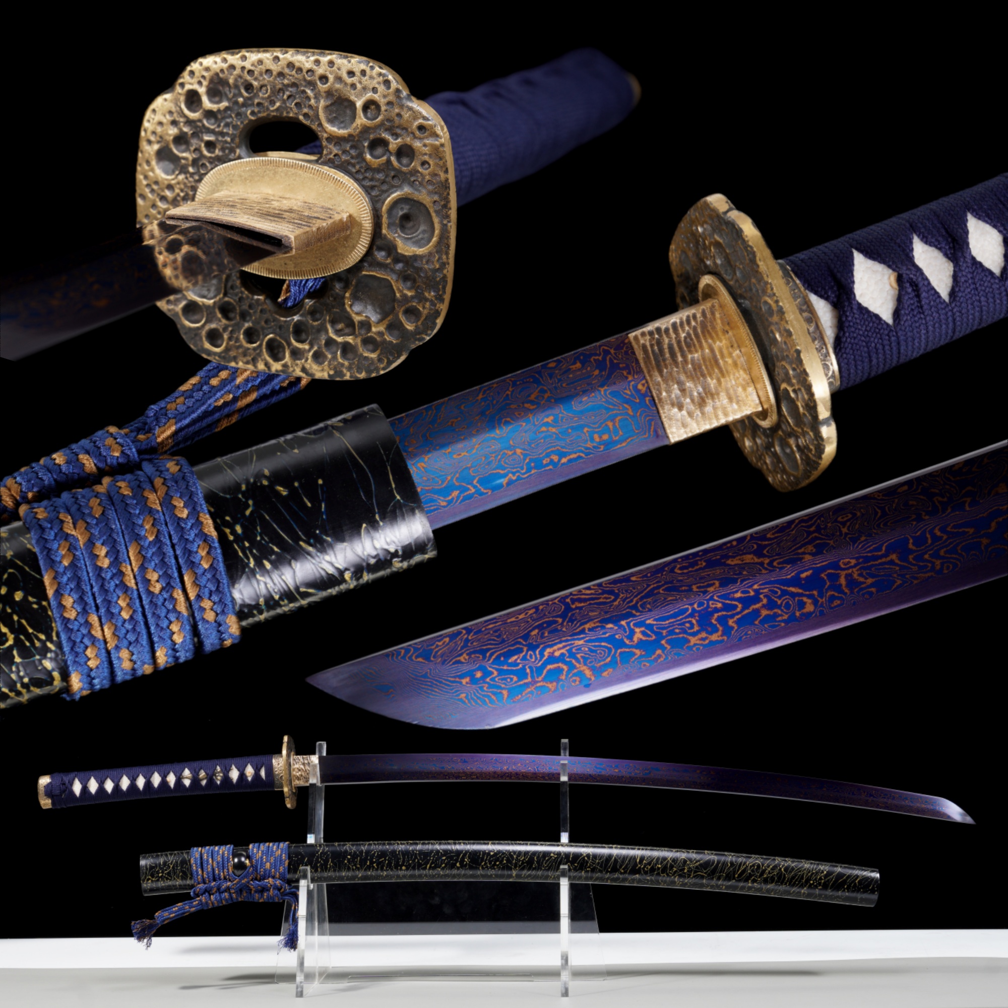 Handmade Katana Damascus Blue Blade Meteor Tsuba Full Tang