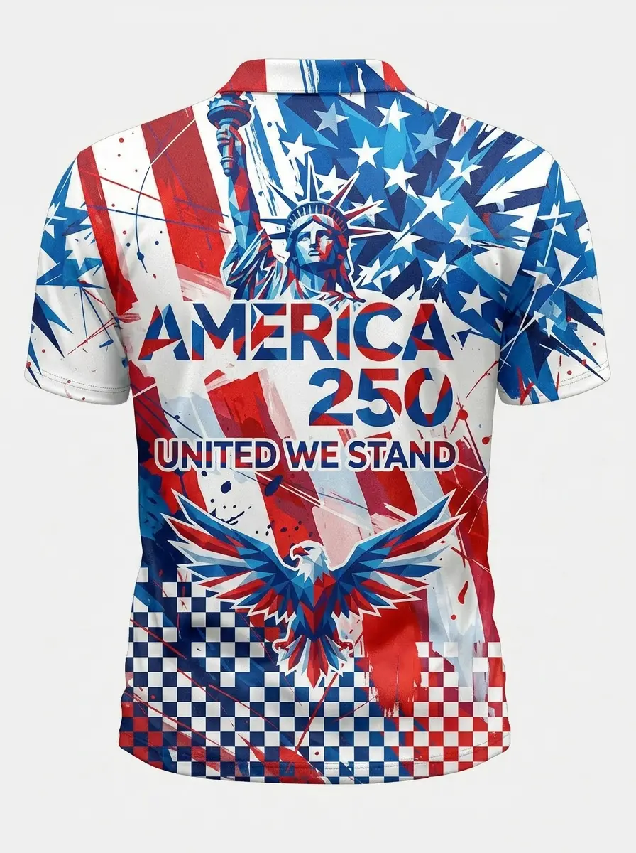 Moisture Wicking Golf Polo 3D America 250 Paint Splatter Checkerboard Button Short Sleeve Golf Polo Shirt