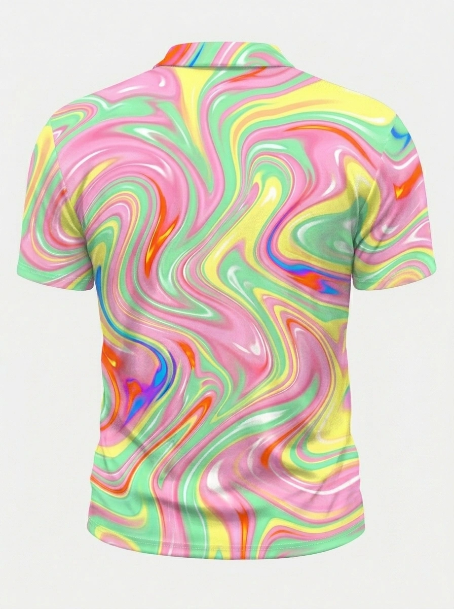 Moisture Wicking Golf Polo 3D Pink Green Yellow Swirl Liquid Button Short Sleeve Golf Polo Shirt