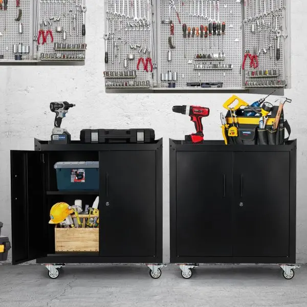 Rolling Metal Garage Storage Cabinet – 2-Door Lockable Tool Chest with Adjustable Shelves (34″H x 30.3″L x 18″W)