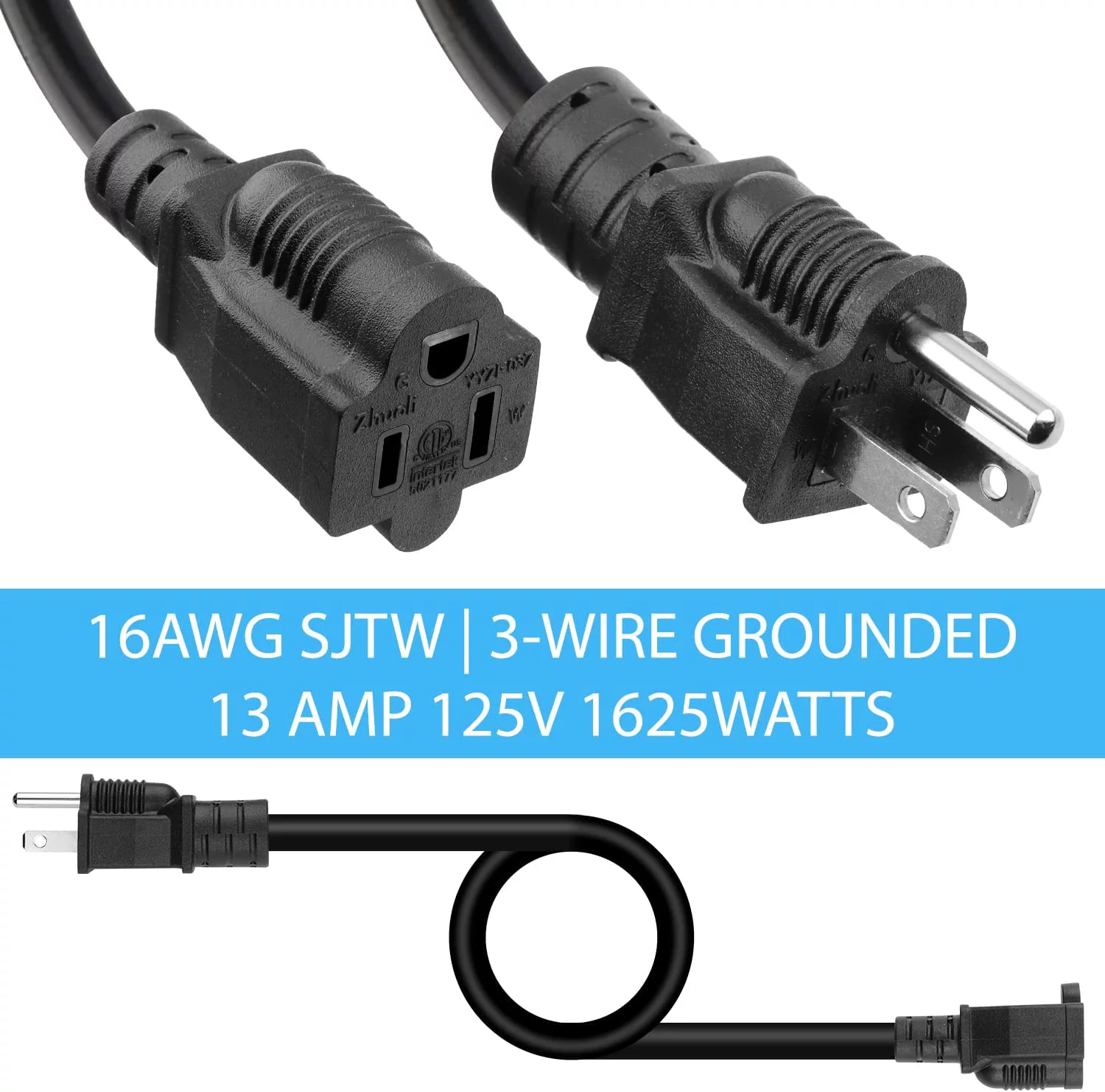 Kasonic 25 Feet Power Extension Cord Outlet, ETL Listed, SJTW 16AWG/13A 3 Prong Extension Cords with Protective Safety Cover, Indoor/Outdoor Use, 1 Pack