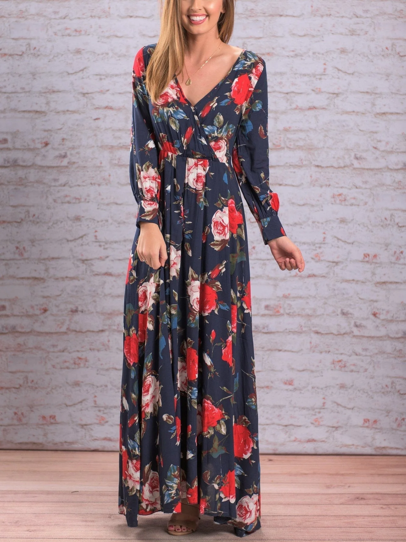 Floral V-Neck Maxi Dress with Long SleevesClistos