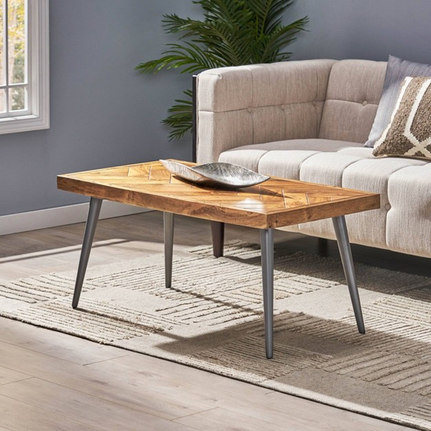Villard Boho Handcrafted Mango Wood Parquet Coffee Table Natural Honey gray Christopher Knight Home