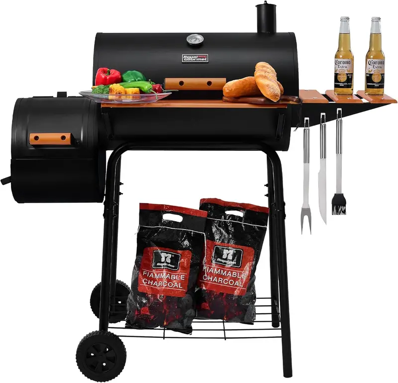 Royal Gourmet CC1830W – 30-Inch Charcoal Grill with Offset Smoker and Rustic Wood-Side Shelf