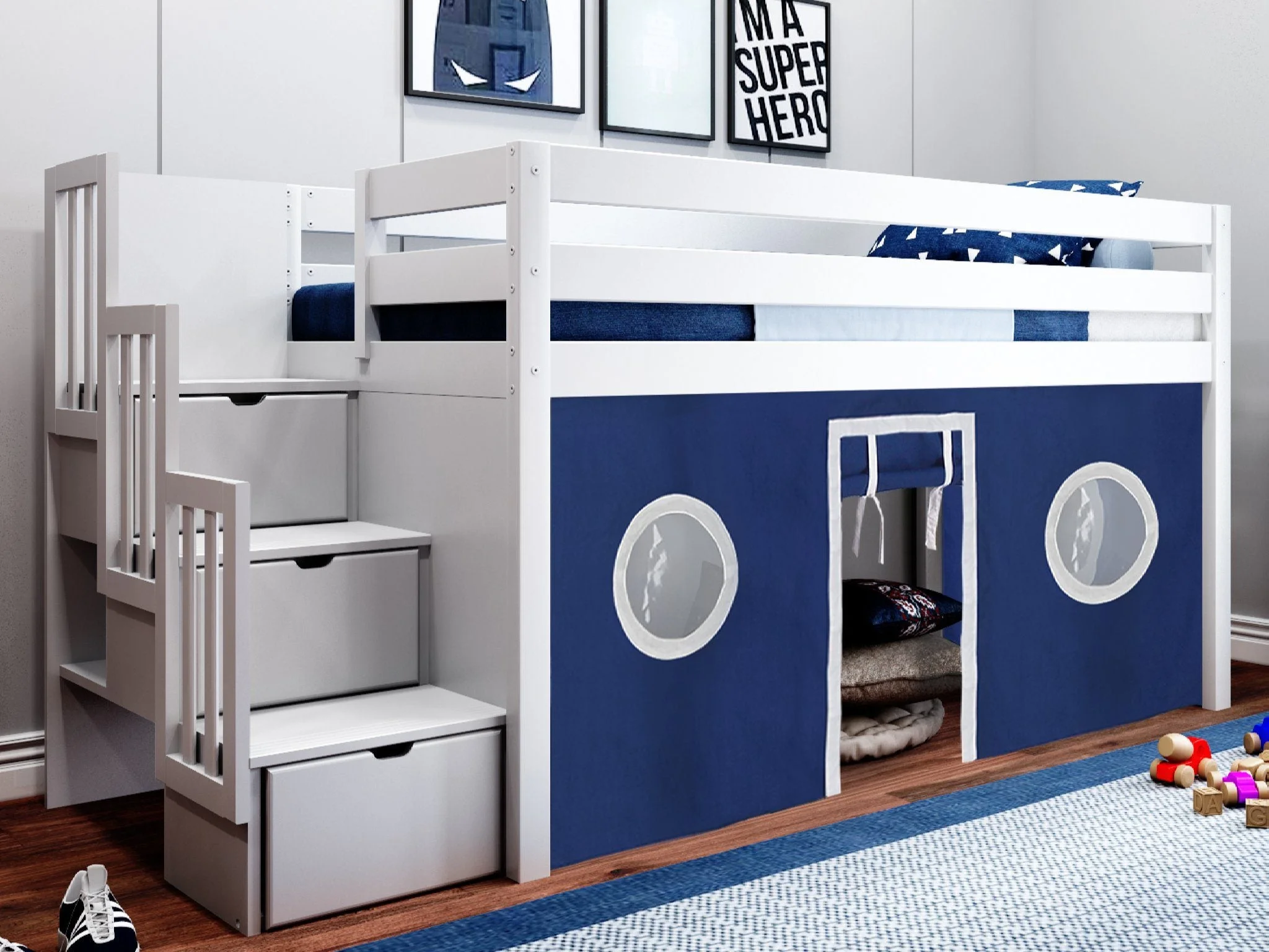 JACKPOT! Contemporary Low Loft Twin Bed with a 3 Drawer Stairway, White with Blue & White Tent