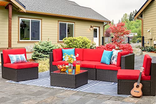 Vongrasig 6 Pieces Outdoor Patio Furniture Set, PE Wicker Rattan Sectional Sofa Patio Conversation Sets with Coffee Table for Garden, Backyard, Poolside (Beige)