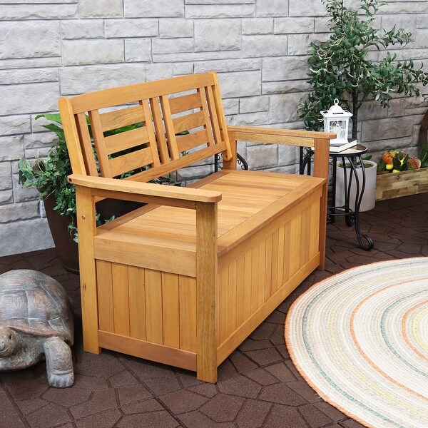 Sunnydaze Meranti Wood Outdoor Storage Bench with Teak Oil Finish