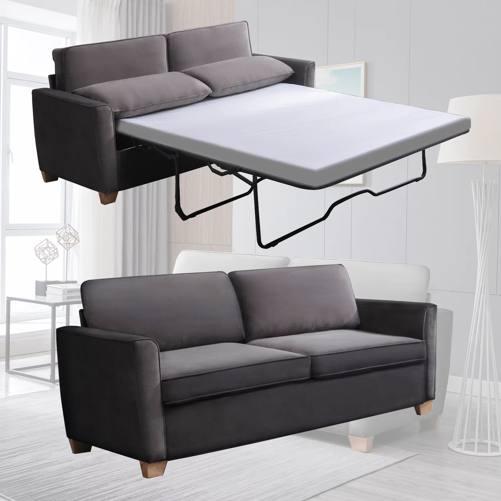 Mjkone Pull Out Sofa Bed, Sleeper Sofa Bed with Memory Foam Mattress, 2-in-1 Pull Out Couch Bed Suitable for Friends to Stay Temporarily, Loveseat Sleeper for Apartment/Small Spaces (Queen, Dark Grey)