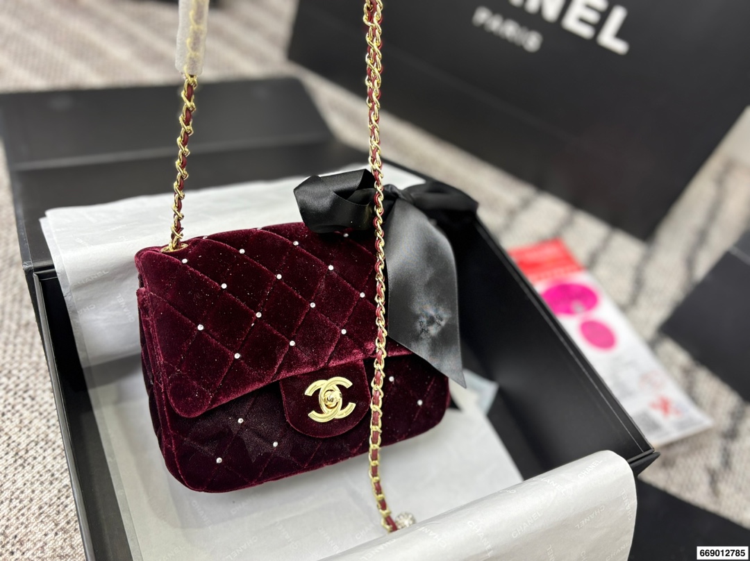 Chanel Velvet Diamond Ball Chain Square Fat Bag - cnluxepick