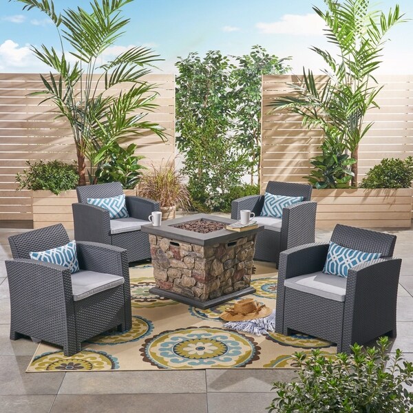 Caley Outdoor 4Seater Wicker Print Club Chair Chat Set With Fire Pit by Christopher Knight Home