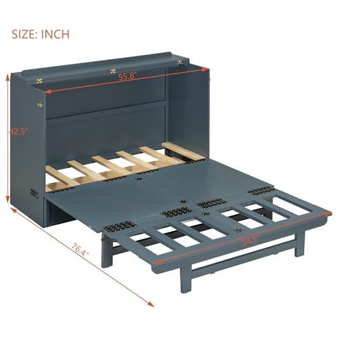 SOFTSEA Full Size Murphy Bed with Large Drawer, Wall Bed with Storage and Charging Station, Wooden Murphy Bed Cabinet, Gray
