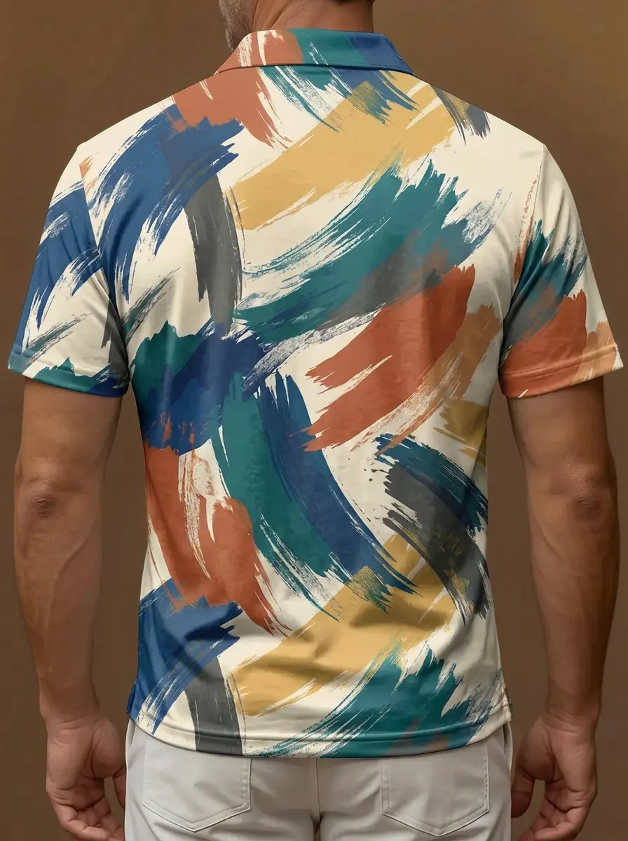 Multicolor Brushstroke on Off-White Print Short Sleeve Golf Polo Shirt