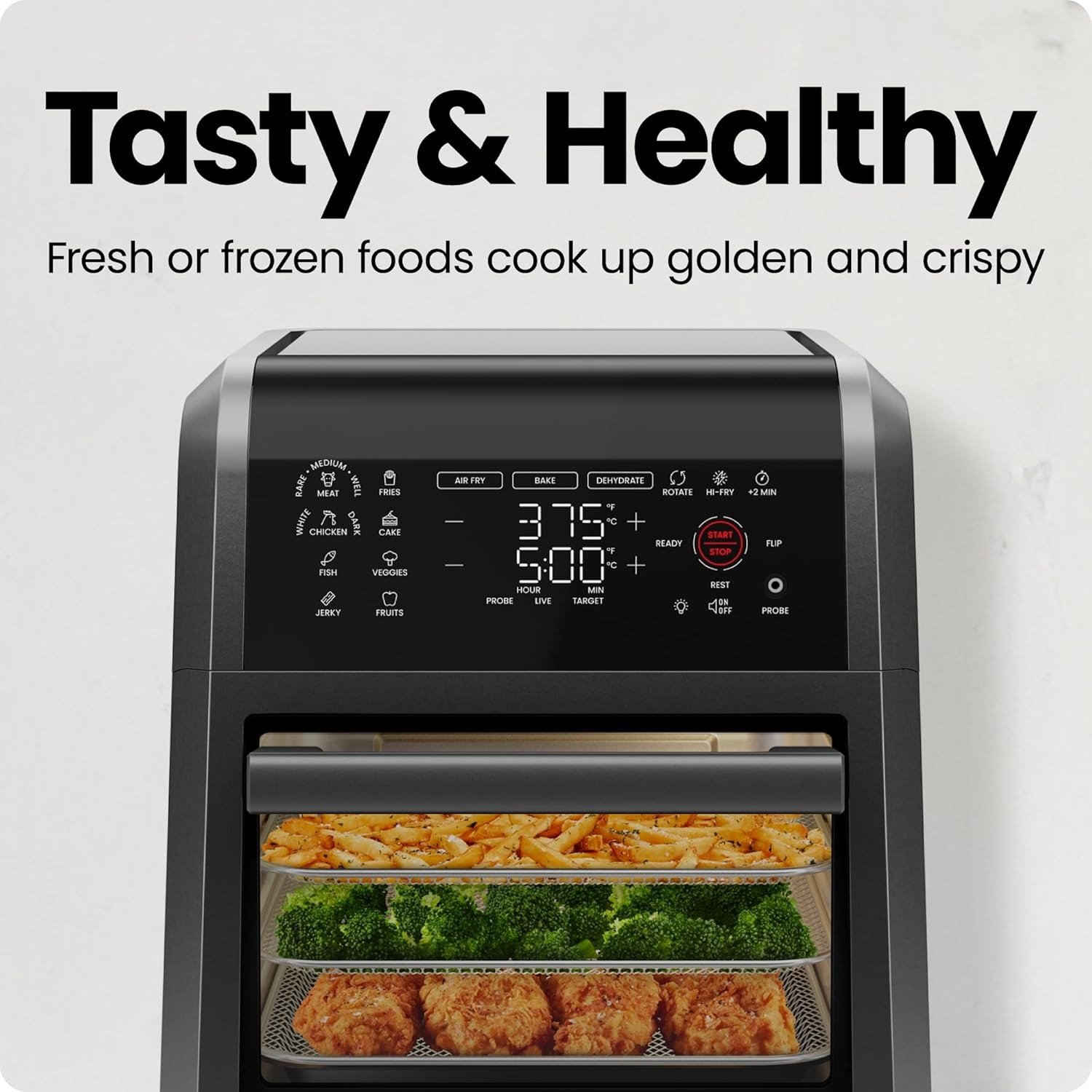 12QT 6-in-1 Electric Air Fryer, Integrated Smart Thermometer, 28 Touch Presets, Rotisserie, Convection Oven, Black