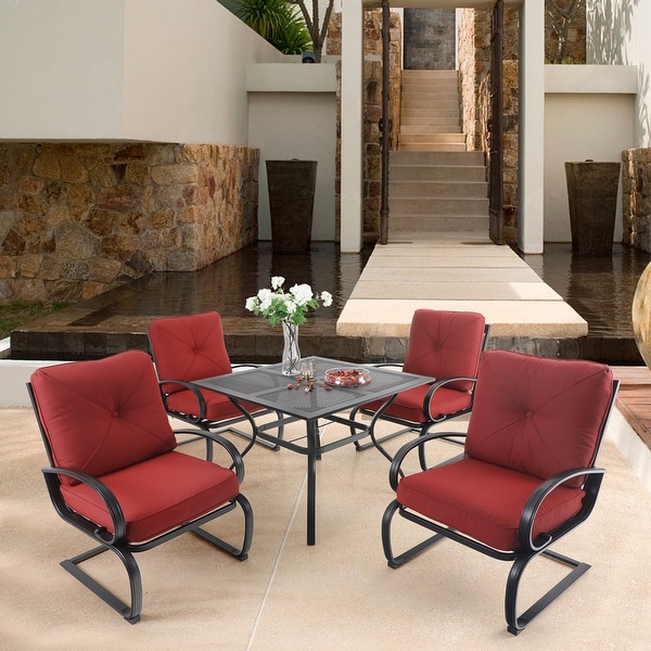 MAISON ARTS Metal Outdoor Patio Dining Sets 5 Pieces,4 Spring Motion Chairs with Cushions and 1 Square Metal Table