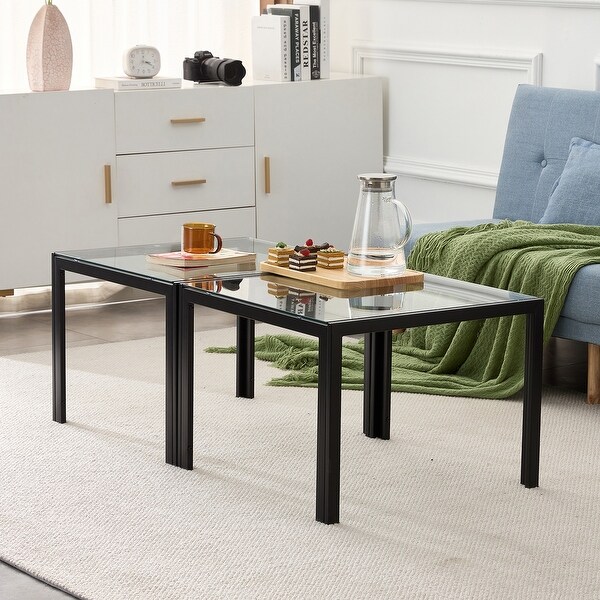 Coffee Table Set of 2,Square with Tempered Glass Finish