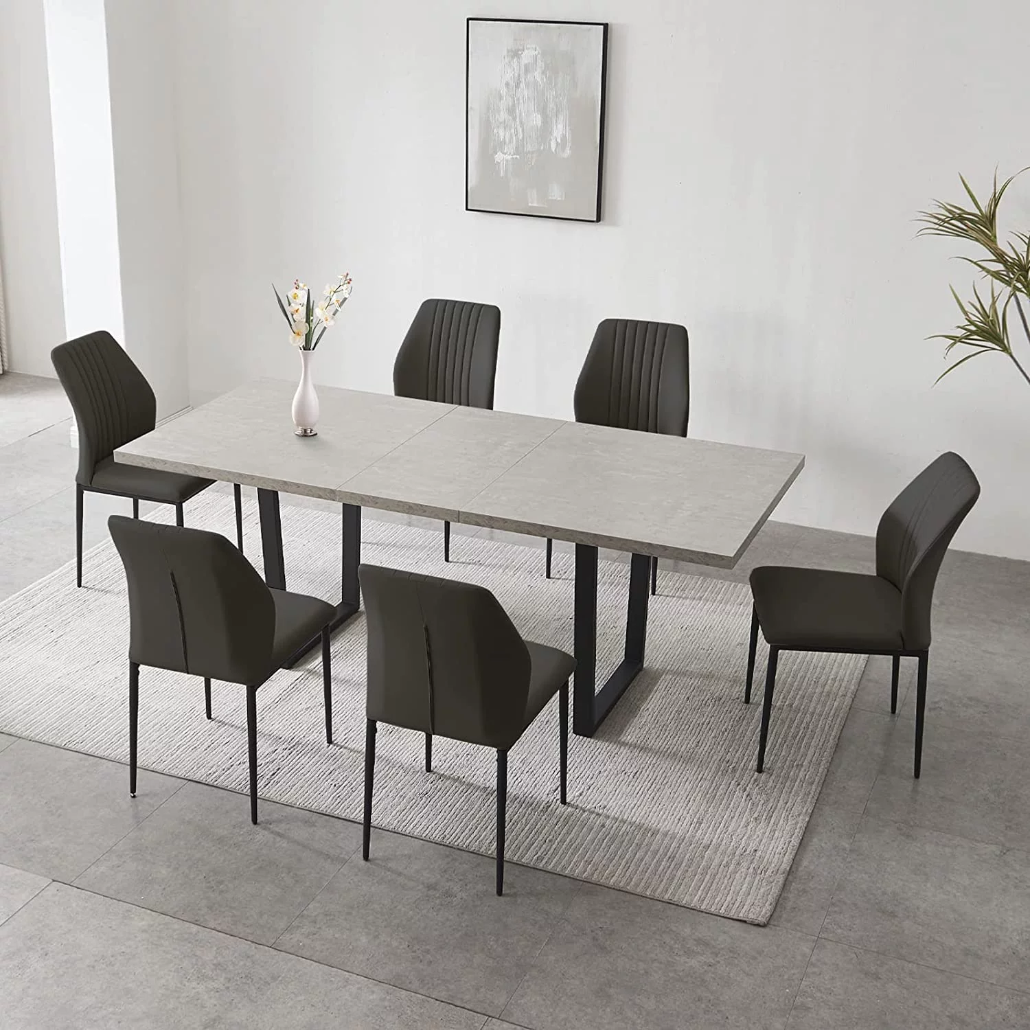 Perfect Modern Mid-Century Dining Table Set for 6-8 People Kitchen Dining Room Table Set Extendable Solid Wood Dining Table and 6 Upholstered Chairs  Home Kitchen Furniture (Table + 6 Bei