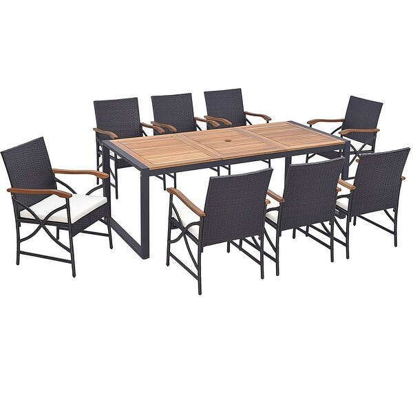 Costway 9 Pieces Patio Rattan Dining Set with Acacia Wood Table,1.9