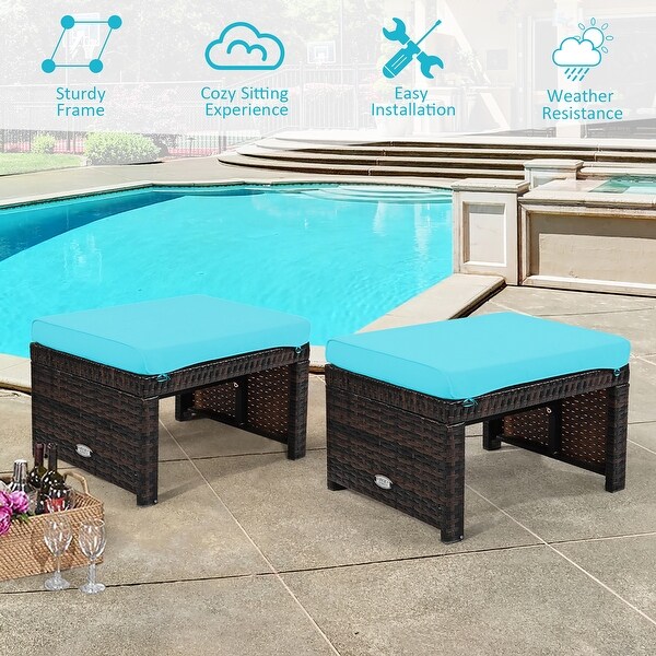 Costway 2PCS Patio Rattan Ottoman Cushioned Seat Foot Rest Furniture
