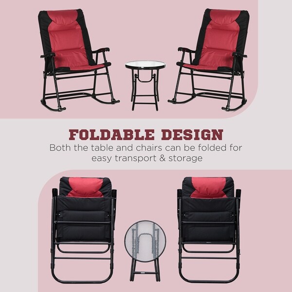 3 Piece Patio Furniture Set with 1 Glass Coffee Table and 2 Folding Padded Rocking Chairs