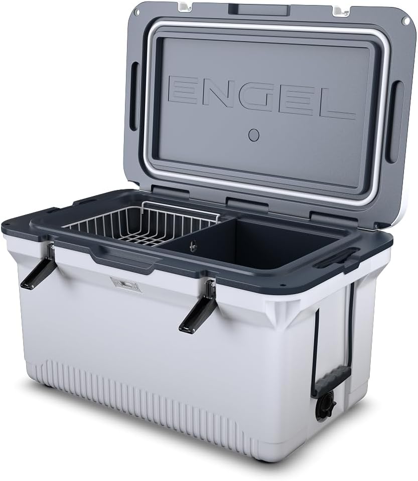 60 QT Ultra-Light Injection Molded Cooler - Ice Chest Keeps Ice up to 7 Days - Large Cooler Includes Wire Basket, Divider and Built-in Bottle Opener