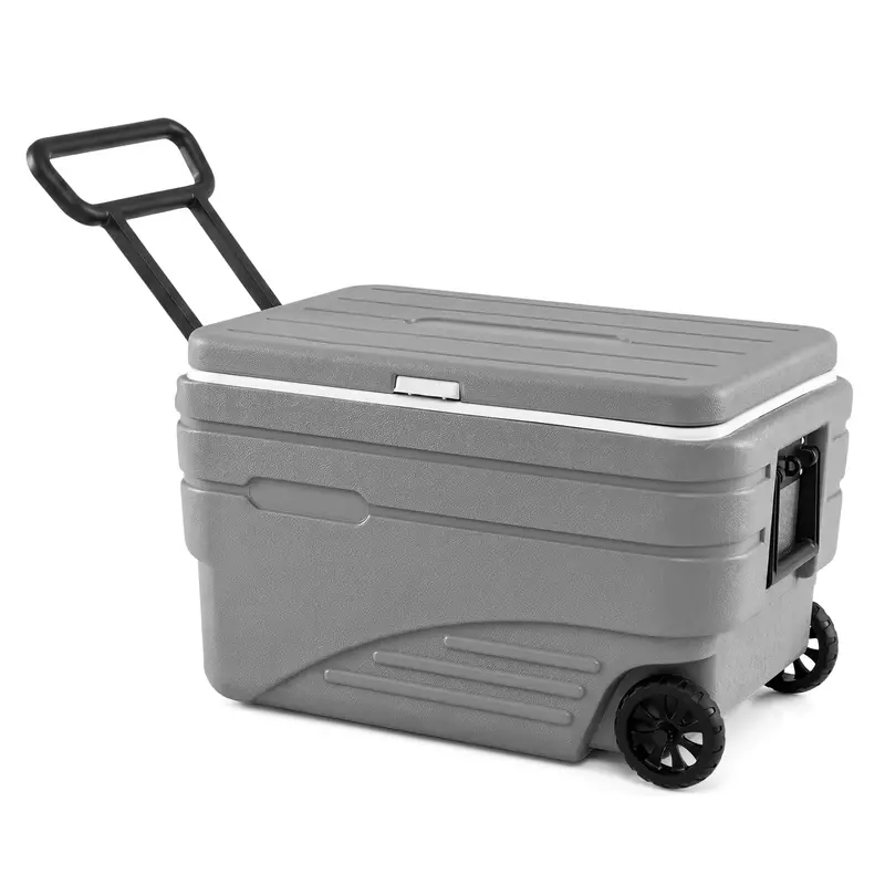 Wheeled HDPE Ice Cooler – All-Weather Portable Ice Chest with Fold-Out Pull Handle & Carry Grips