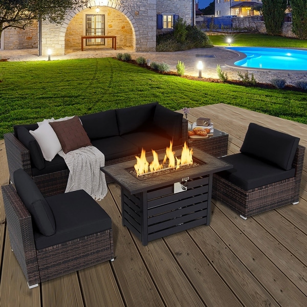 Gymax 7PCS Patio Rattan Furniture Set 42'' Fire Pit Table w/ Cover