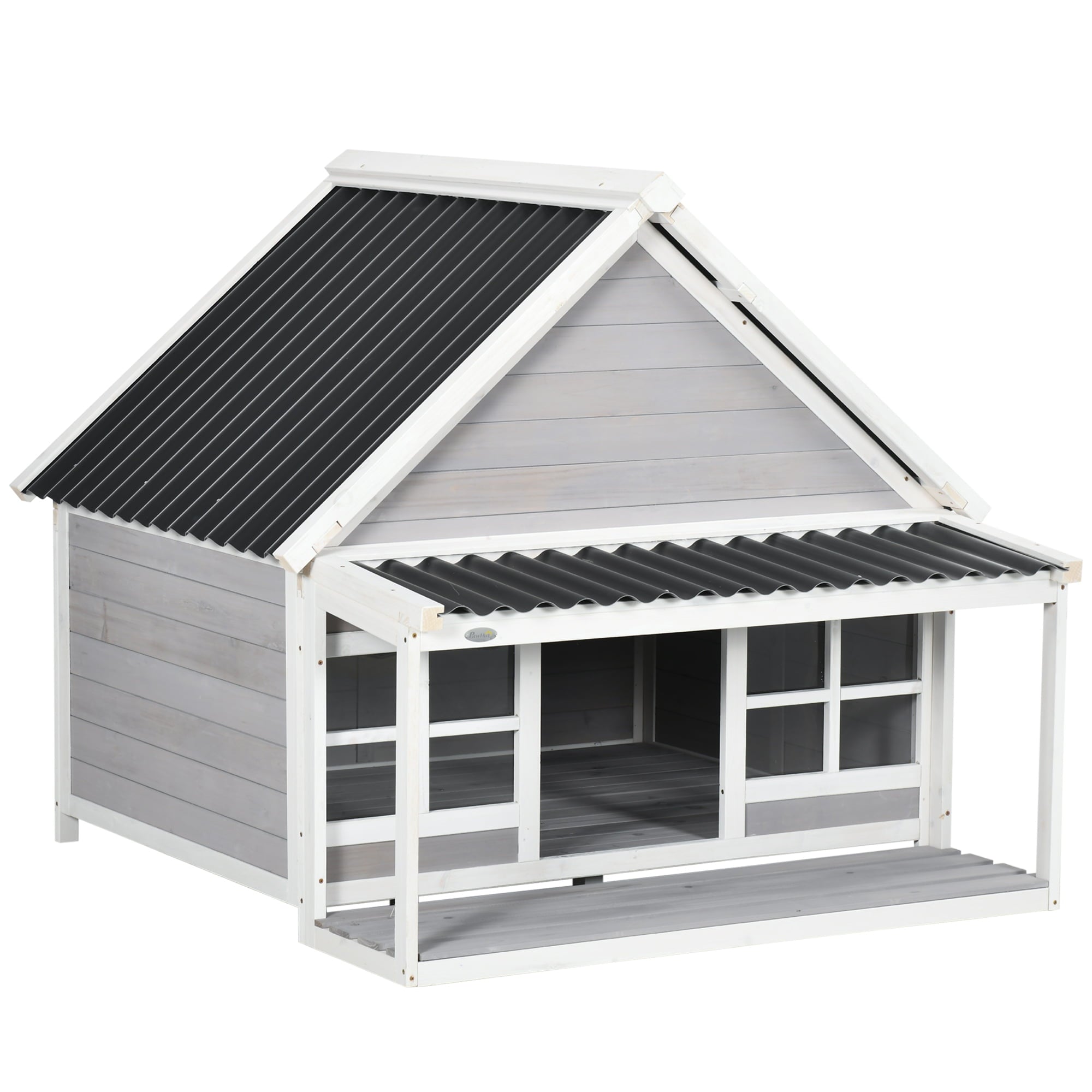 PawHut Wooden Dog House Outdoor with Porch, Cabin Style Raised Dog Shelter with PVC Roof, Front Door, Windows, for Large Medium Sized Dog