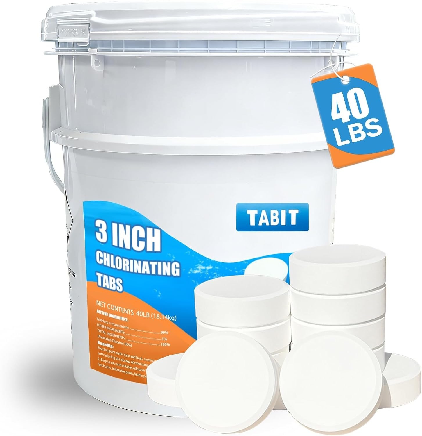 Chlorine Tablets 3 inch 40 Pounds, Swimming Pool Long Lasting Chlorinating Tablets, Slow Dissolving, Tri-Chlor for Swim Pool, Hot Tubs, Spa