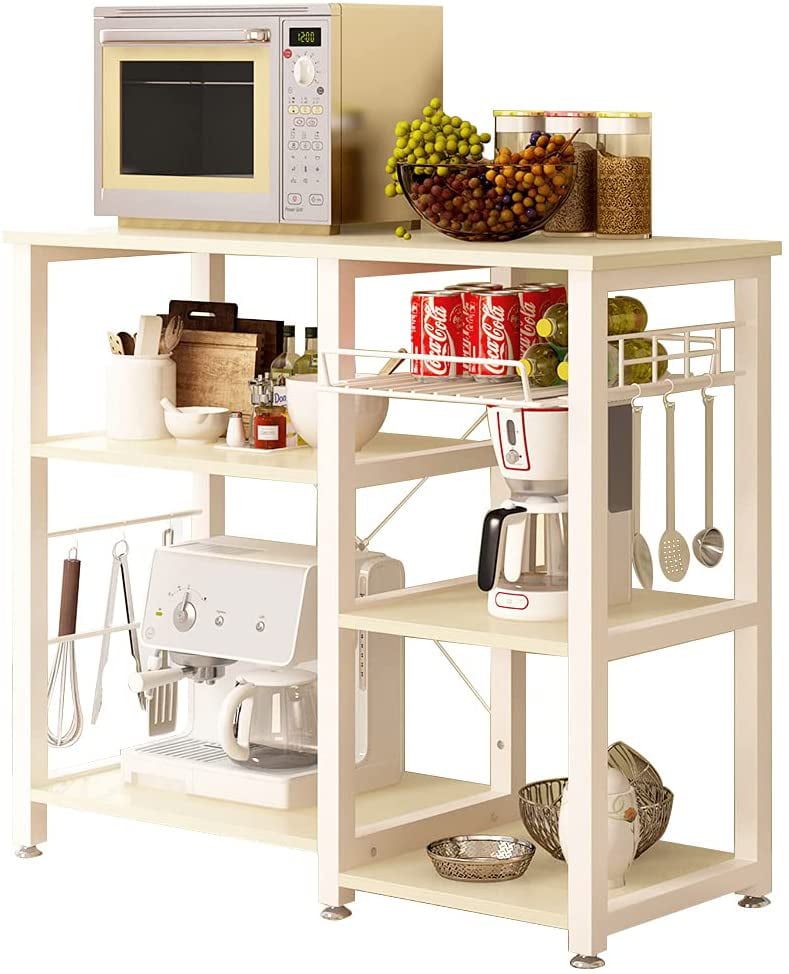 SogesPower 3-Tier Kitchen Island Cart Baker's Rack Utility Shelf Microwave Stand with Storage and Drawer Storage Cart Workstation Shelf, White Maple