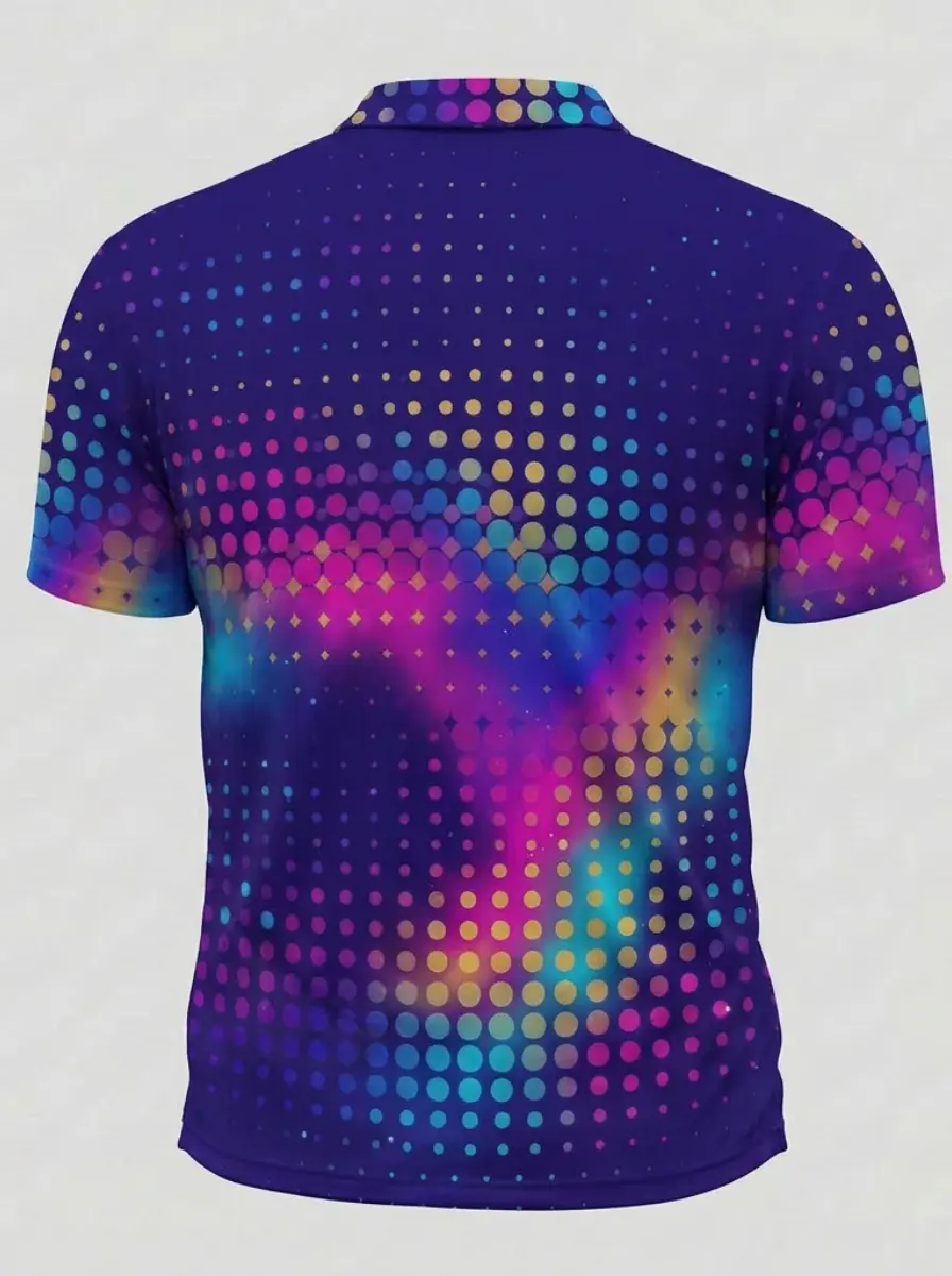 Moisture Wicking Golf Polo 3D Purple Multicolor Gradient Dot Pattern Button Short Sleeve Golf Polo Shirt