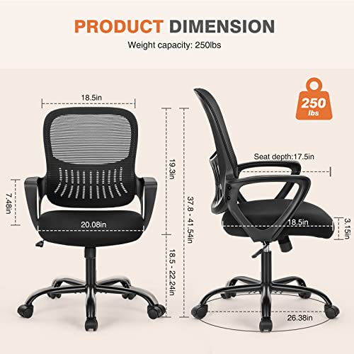 Sweetcrispy Office Computer Desk Managerial Executive Chair, Ergonomic Mid-Back Mesh Swivel Rolling Work with Wheels, Comfortable Lumbar Support, Comfy Arms for Home, Bedroom, Study, Student, Black