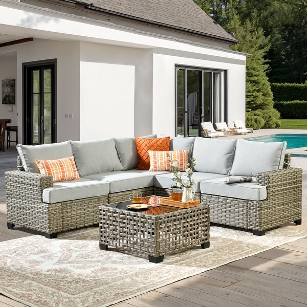 OVIOS 6 Pieces T shaped Seat Wide Armrest Set With SolarPowered Coffee Table