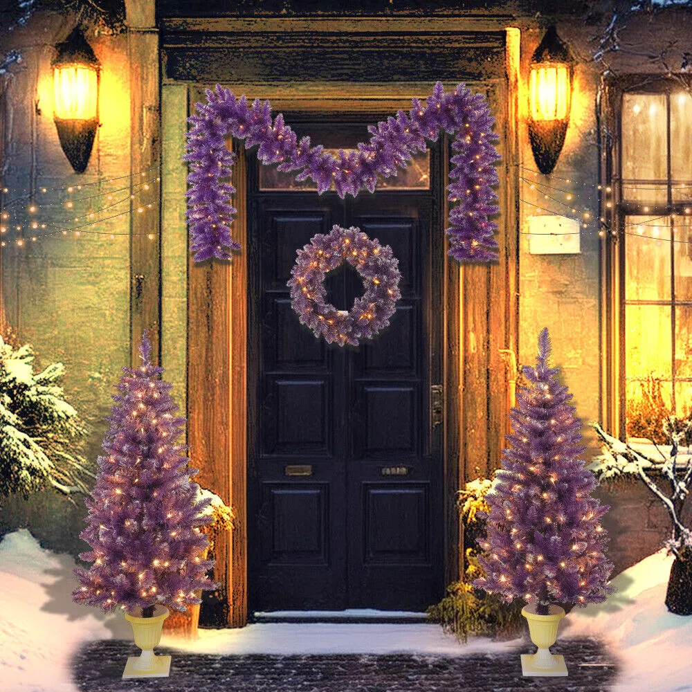 4 Pcs Pre-lit Artificial Christmas Tree Garland Wreath Set of 2 Entrance Trees