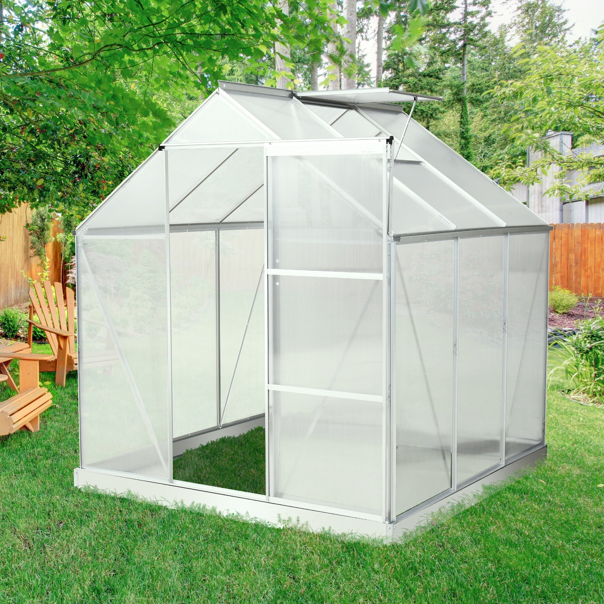 Outsunny 6′ x 6′ Polycarbonate Greenhouse with Aluminum Frame, Walk-in Garden Greenhouse Kit with Adjustable Roof Vent, Rain Gutter and Sliding Door for Winter, Silver