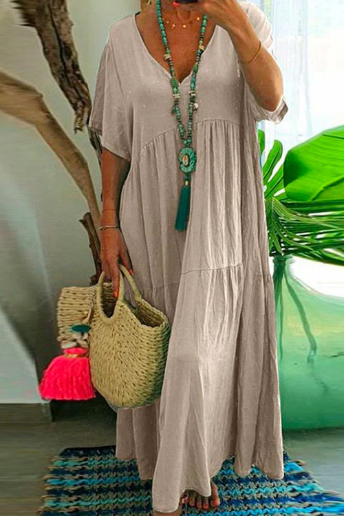 Tiered Maxi Swing Dress V-Neck Short SleeveClistos