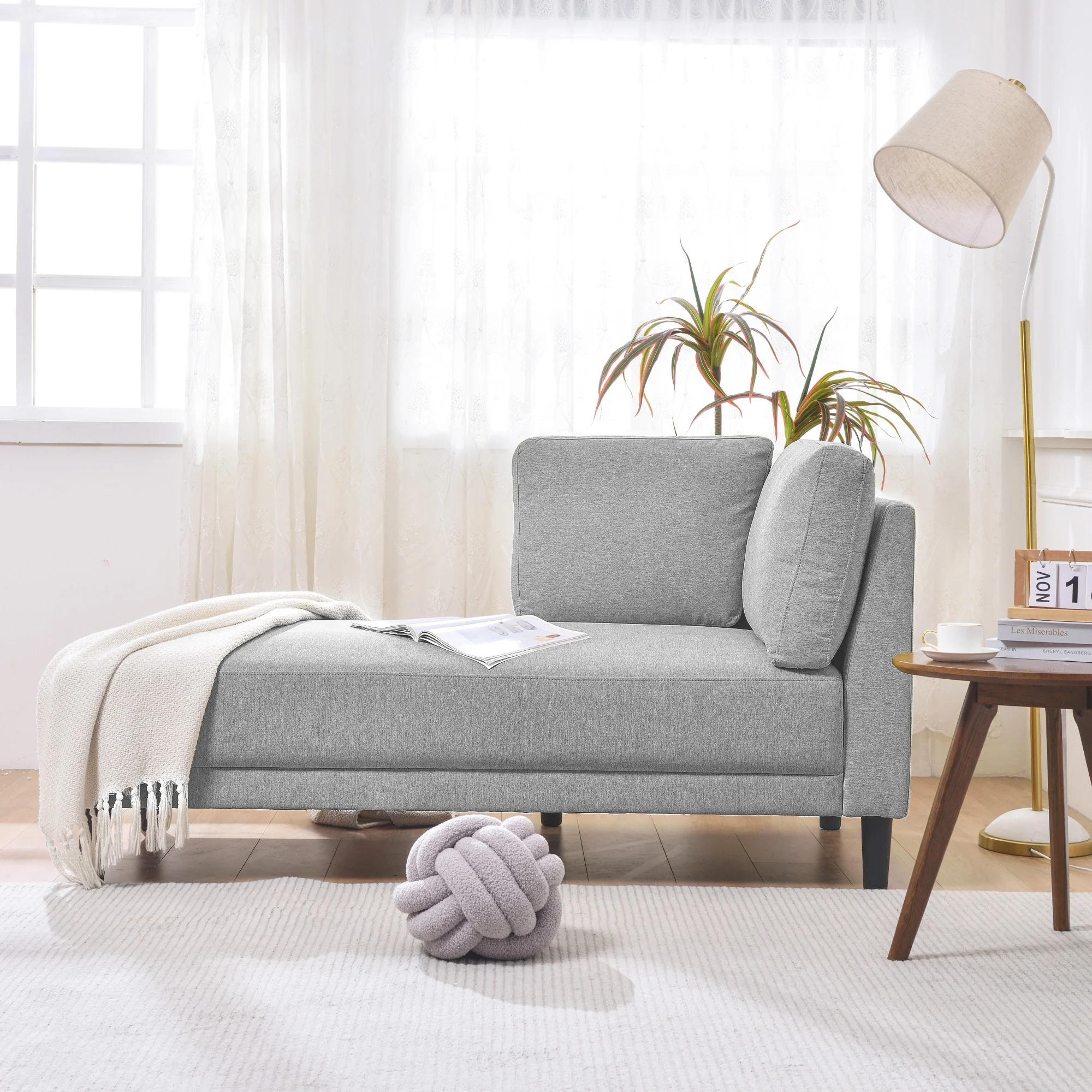 Fabric Corner Lounge Chair, Upholstered Indoor Chaise Lounge,Left Armrest Grey
