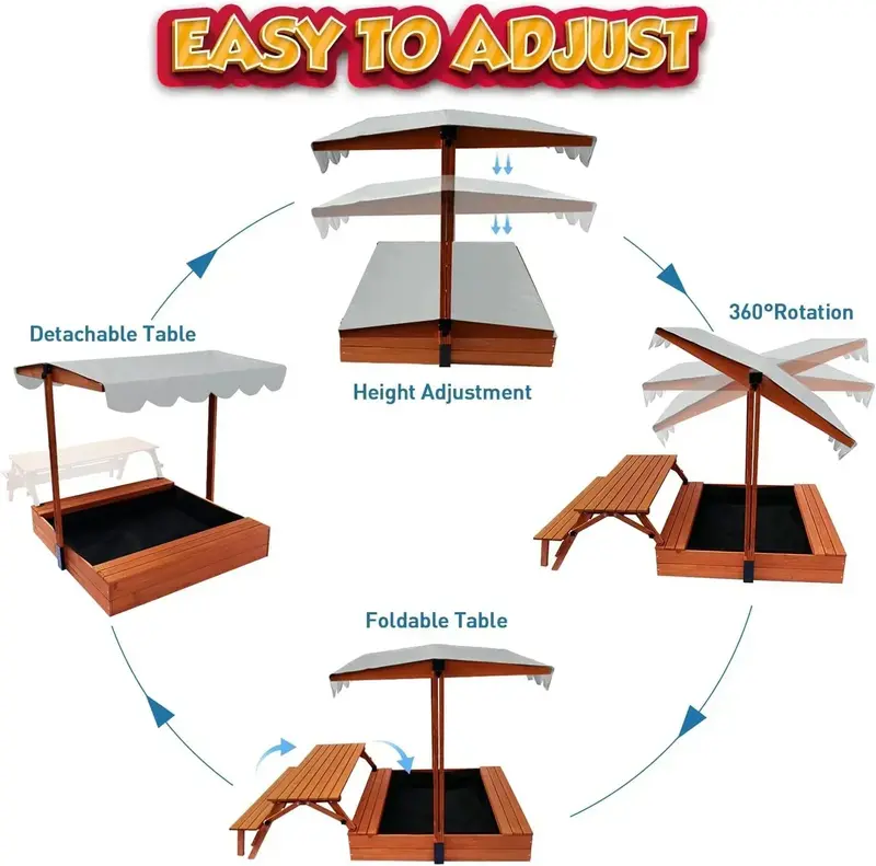 Wooden Foldable Sandbox with Lid and Integrated Picnic Table – Covered Sand Play Center