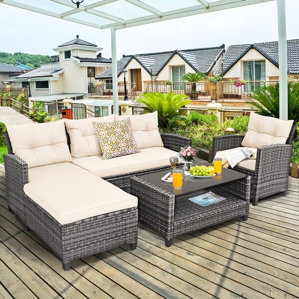 Costway 4PCS Patio Rattan Furniture Set Sofa Ottoman Cushion Garden
