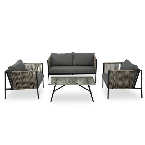 4Piece Rope Sofa Conversation Sets with Cushions and Table