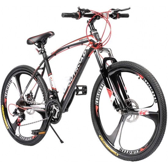 Mountain Bike 26 Inches 21 Speed Suspension Fork Anti-Slip Bicycle with Dual Disc Brake and High Carbon Steel Frame for Men and Women, Red