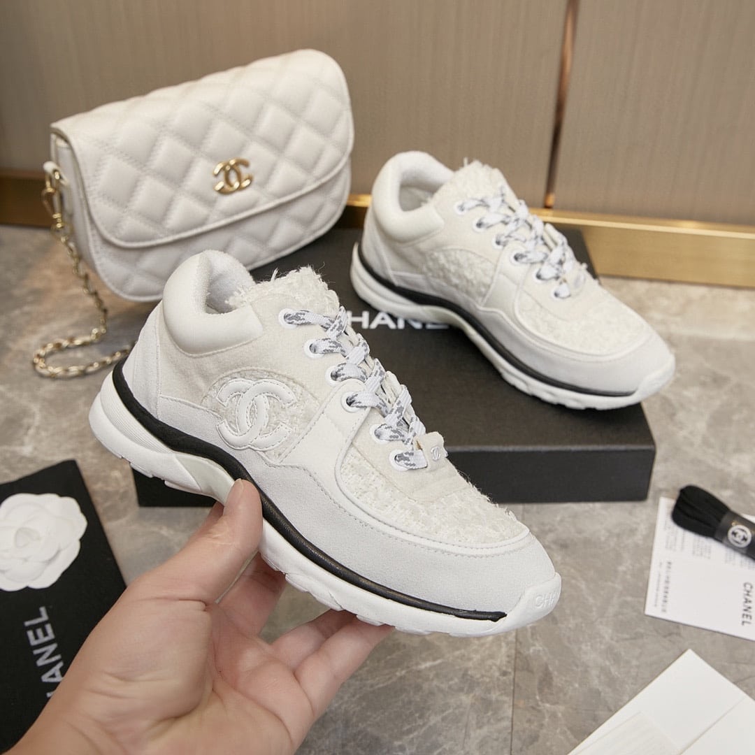 Chanel Velour Tweed Cc Sneakers White