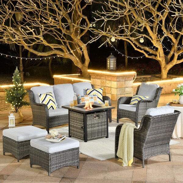 OVIOS Grey Wicker 6piece Patio Furniture Set With Fire Pit