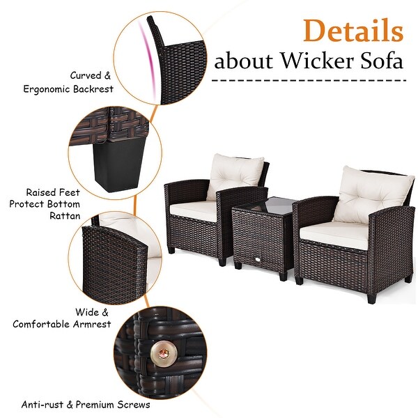 Costway 3PCS Patio Rattan Furniture Set Cushioned Conversation Set