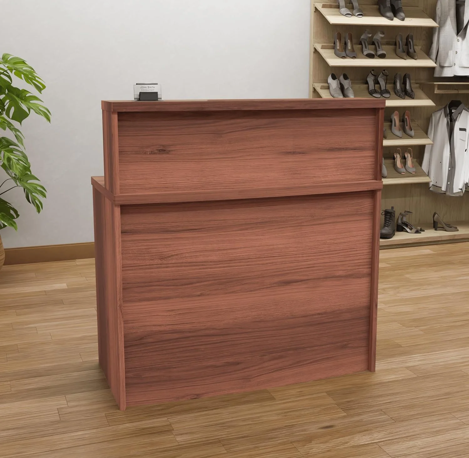 Mono Walnut Modern Reception Desk W/Transaction Counter | Laminate Desktop | Multifunctional Standing Front Desk For Home, Office, Salon, Spas, And Lobby (31.5 Inch (80 Cm)