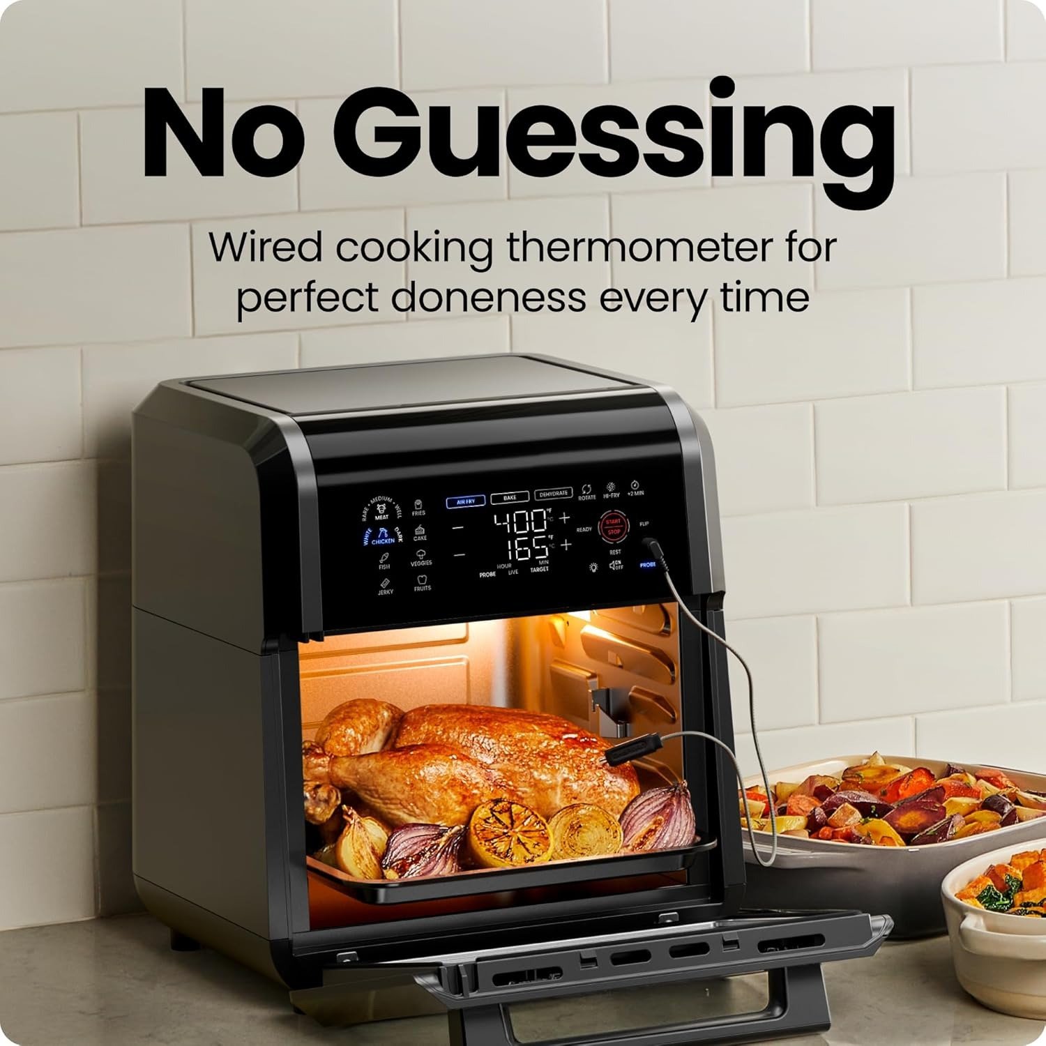12QT 6-in-1 Electric Air Fryer, Integrated Smart Thermometer, 28 Touch Presets, Rotisserie, Convection Oven, Black