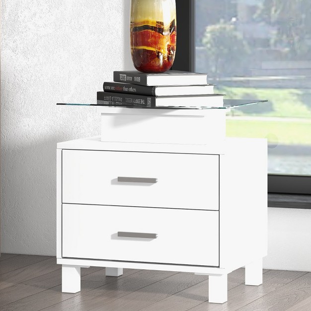 Trinitymodern White Nightstand With Charging Station Led Lights 2 Drawers And Glass Desktop
