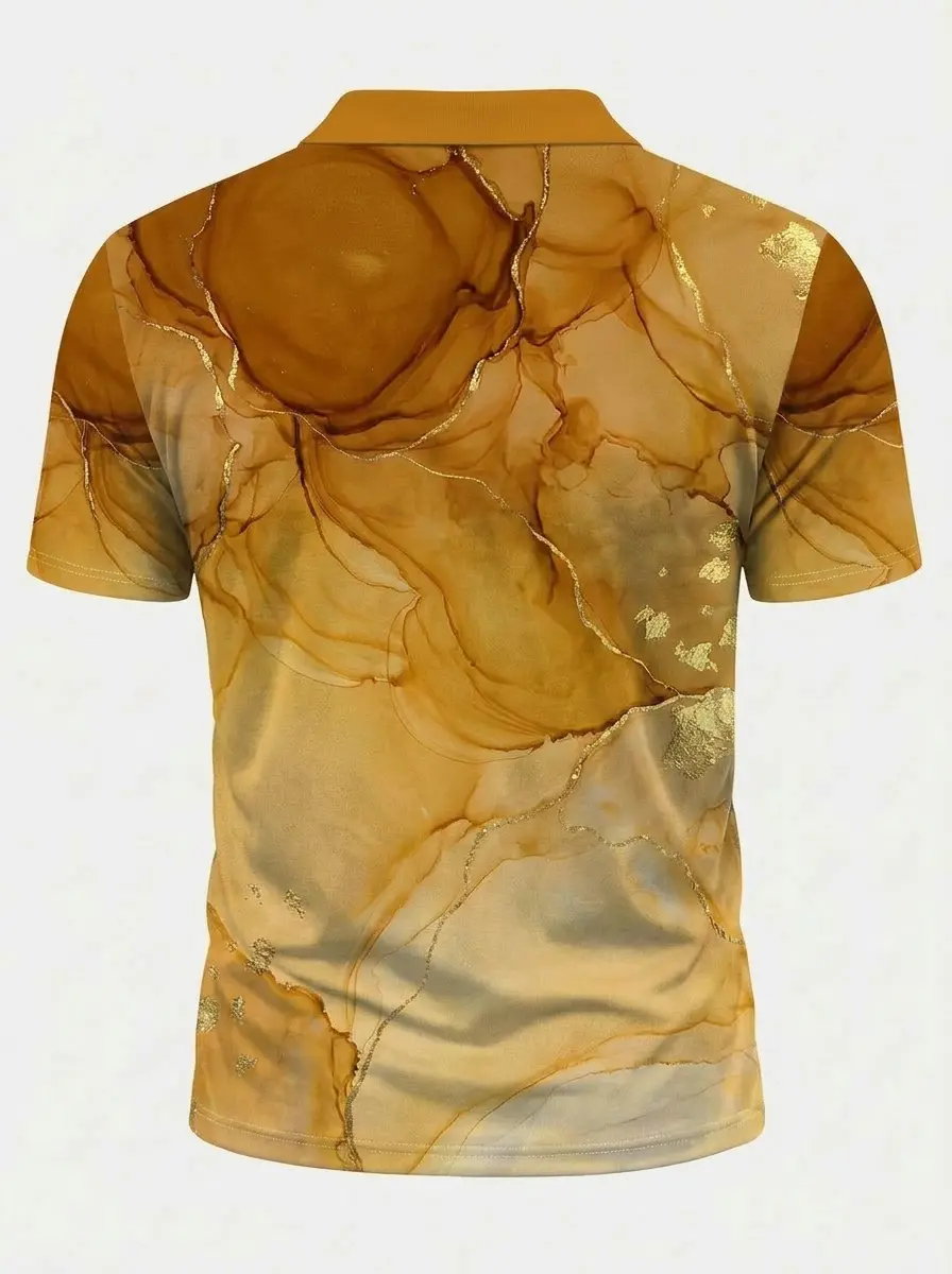 Moisture Wicking Golf Polo 3D Brown Gold Marble Button Short Sleeve Golf Polo Shirt