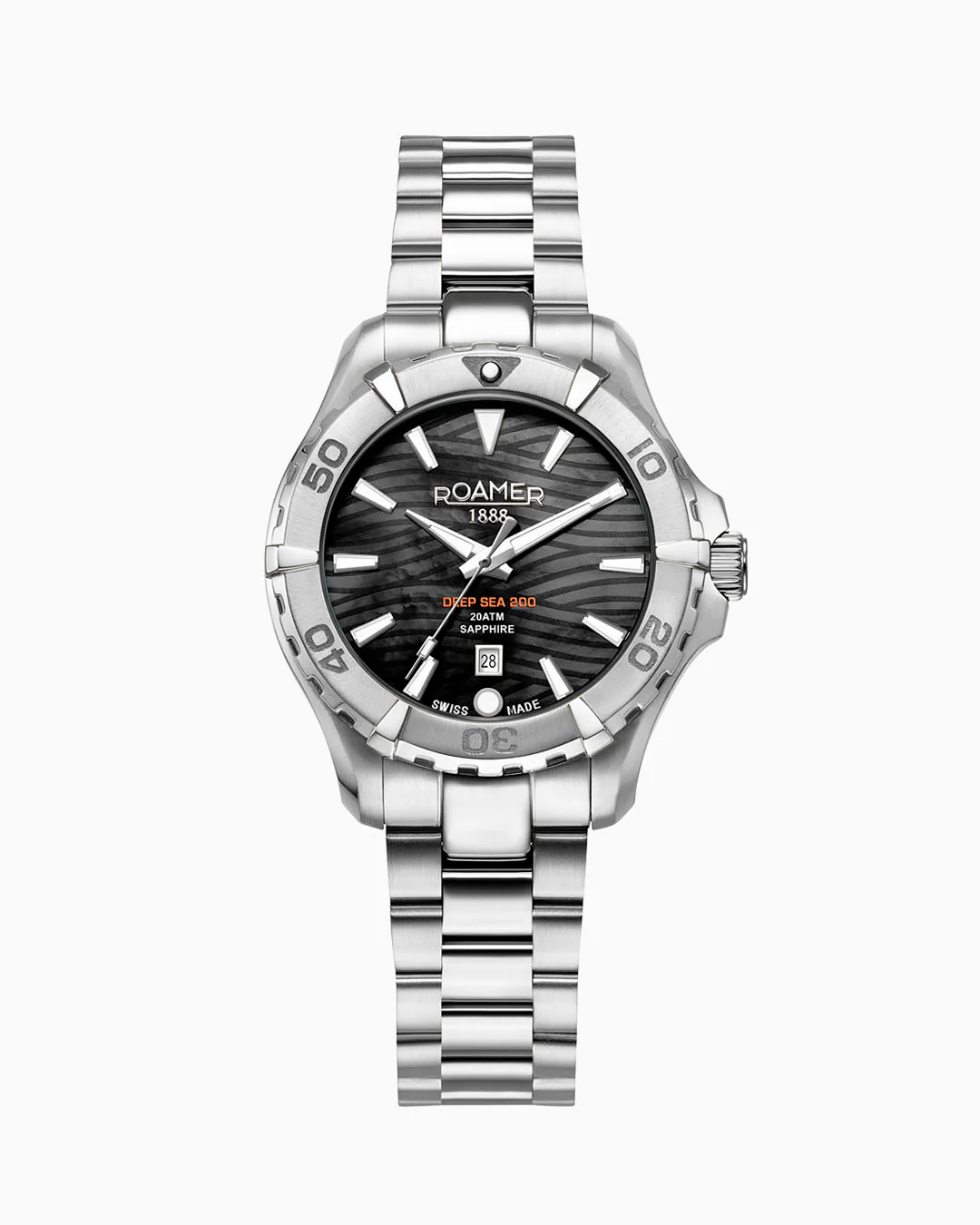 Deep Sea 200 Ladies 34mm Quartz Three-Hand Date Black Dial Silver Bracelet Sapphire glass Stainless Steel swiss watch