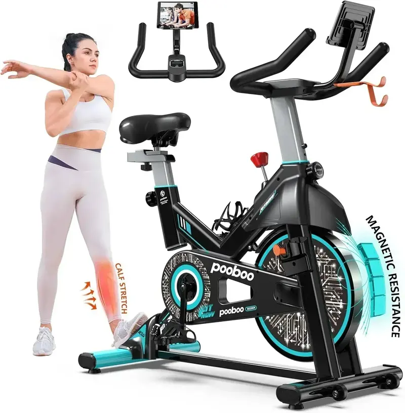 pooboo Magnetic Resistance Exercise Bike – Silent Belt Drive, Adjustable Brake Pad, Compact Design